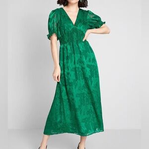 Hutch V-Neck Emerald Green Midi Dress with Smocked Waist